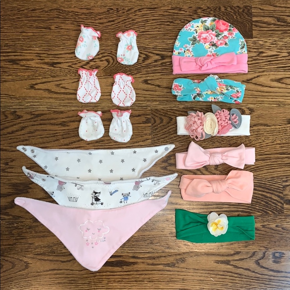 Baby girl headbands, handkerchiefs, mittens & hat